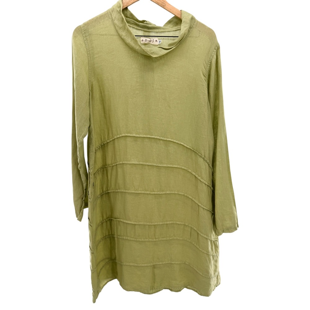 Bodil Lagenlook Linen Tunic Dress S Green Pintuck Cowl Neck Art To Wear Flaw